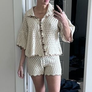 Open-Knit Cream Button-Up Top & Shorts Set